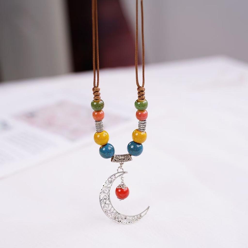 New Chinese ethnic style retro bohemian Jingdezhen ceramic braided rope necklace high-end female Zen accessories