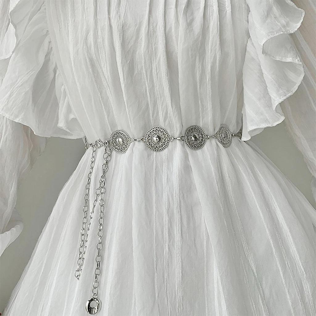 Женский металлический пояс с круглыми вырезами, золото, серебро, резной, длинный, регулируемая цепочка, элегантный, для платья, пальто, декоративный ремешок