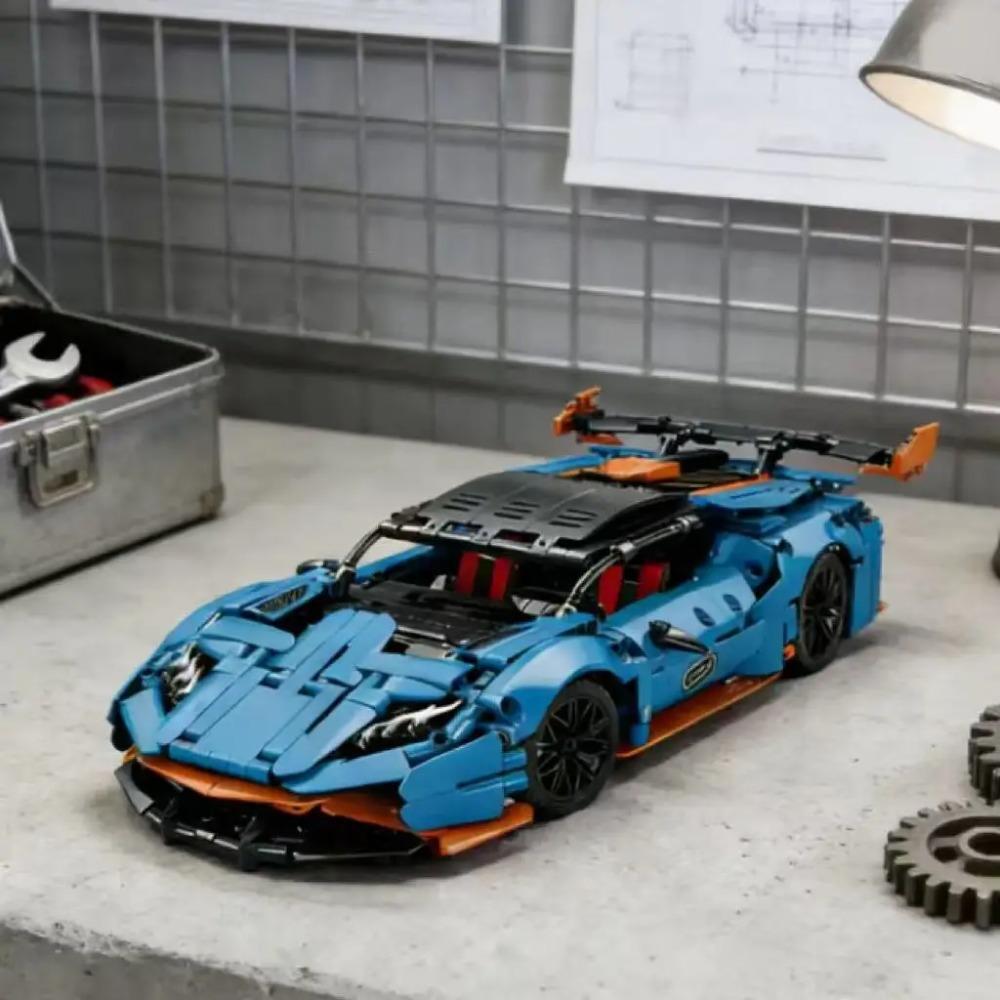 1:Набор строительных блоков "14 синих спортивных автомобилей", Подходит для 14+, Образовательная сборная модель, Украшение для дома и подарок