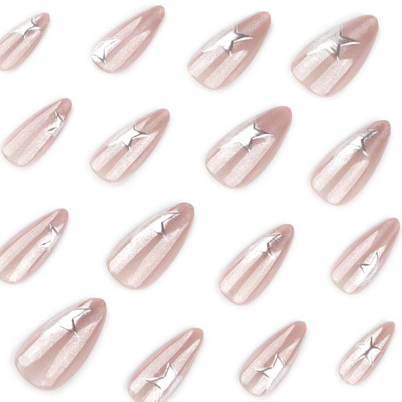 Flash cat's eye short almond nail piece fake nail wholesale 3D three-dimensional silver star nail piece wearing nail