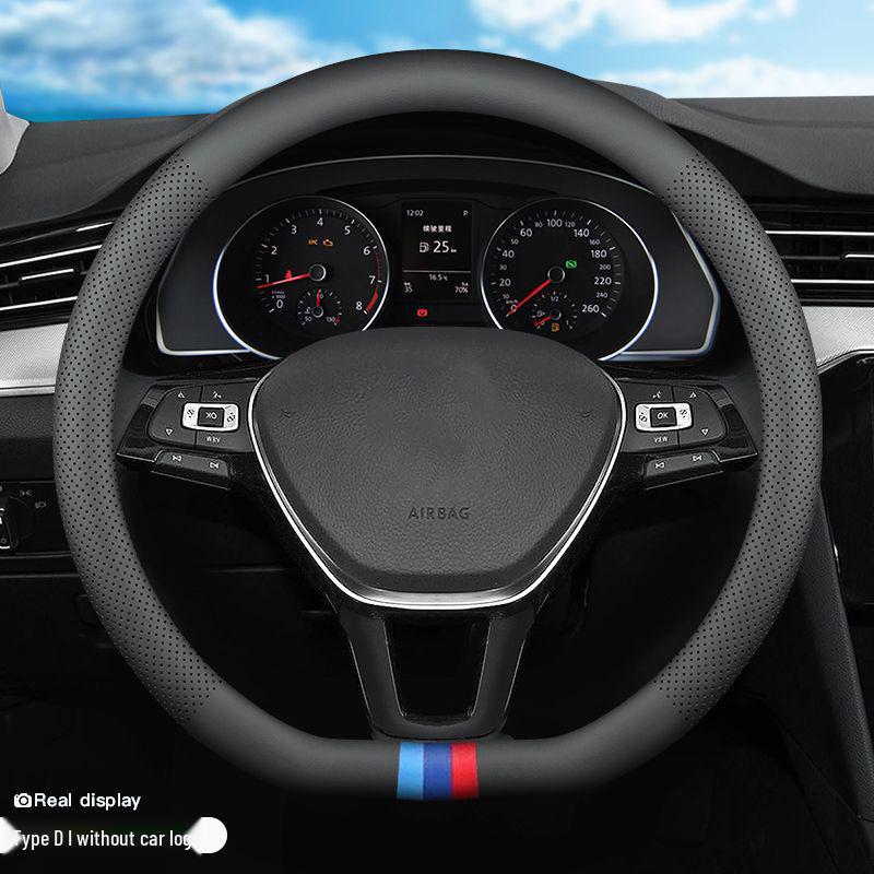Universal Nappa Leather Steering Wheel Cover - Breathable, Perforated, Sweat-Absorbent, Four Seasons Protection.