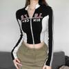 Women Y2K T-shirts String Letters Zipper Cycling Tops Girls Y2K T-shirts Athletic Workout Cloths Sexy Fashion Lady Tshirts Female Tees Long Sleeve