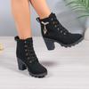 New Spring and Autumn High Quality Solid Color Round Toe Lace-up Thick Heel Metal Decorated High-heeled Women's Boots