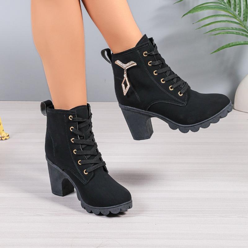 New Spring and Autumn High Quality Solid Color Round Toe Lace-up Thick Heel Metal Decorated High-heeled Women's Boots
