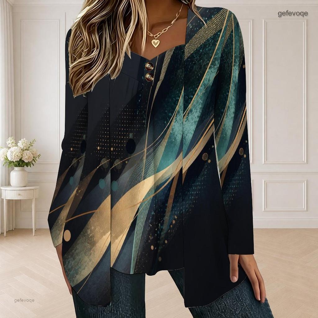 Women Plus Size Square Neck Long Sleeve Multicolor Printed Button Detail Layered Front Top