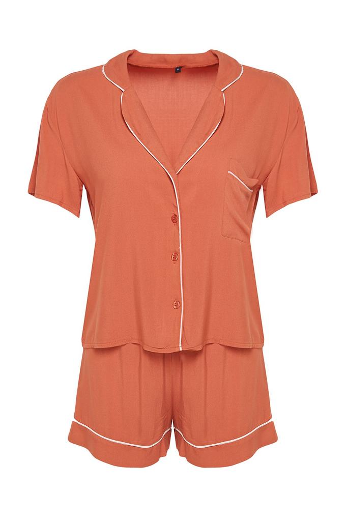 Women's Fashion Viscose Woven Pajama Set with Cinnamon Piping Detail