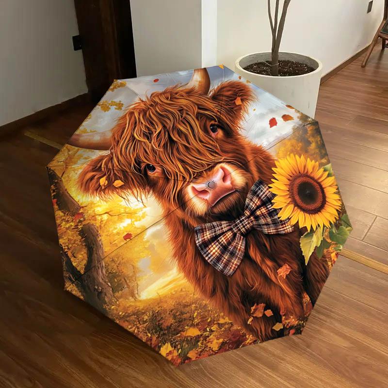 Autumn Bow Tie Highland Cow Sunflower Print Umbrella - Portable Folding Design, Iron Frame, Outdoor Rain Gear, Festival Gift for Fans, Trave