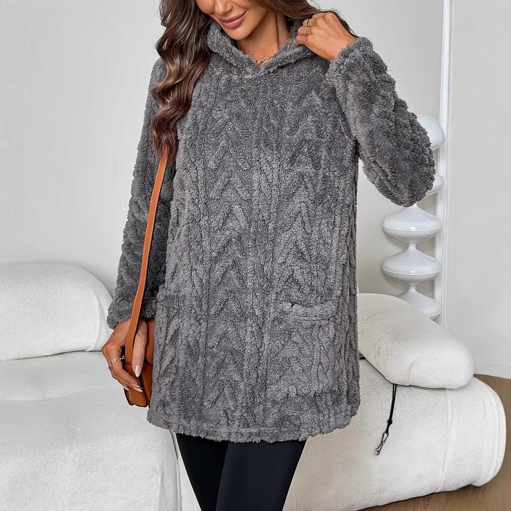 Женская модная повседневная толстовка с капюшоном однотонной расцветки свободного кроя с флисовыми карманами