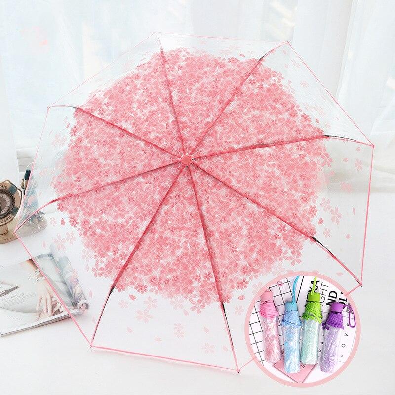 Korean Umbrella Folding Cute Korean Mini Fresh Simple Sen Series Trifold Japanese Cherry Blossom Transparent Umbrella