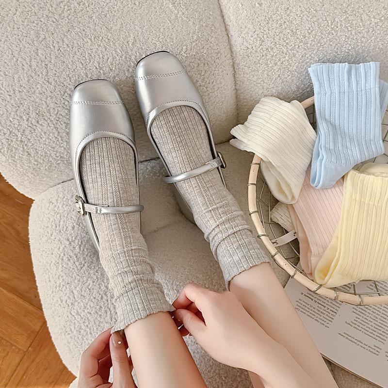 Женские носки в корейском стиле, летние, хлопковые, тонкие, дышащие, средней длины, однотонные, белые, серые, розовые, голубые, желтые, длинные носки, носки