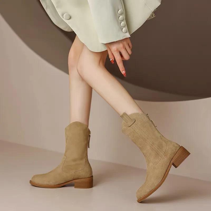 Women Pointed Toe Suede Chelsea Autumn Winter 2024 New Wedge Heel Western Cowboy Boots Slip-On Ankle Wholesale Zapatos De Mujer