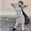 Lotus leaf edge semi-turtleneck waist dress, women's autumn and winter show figure, buttocks, little mother, fishtail skirt, bottom and inside skirt