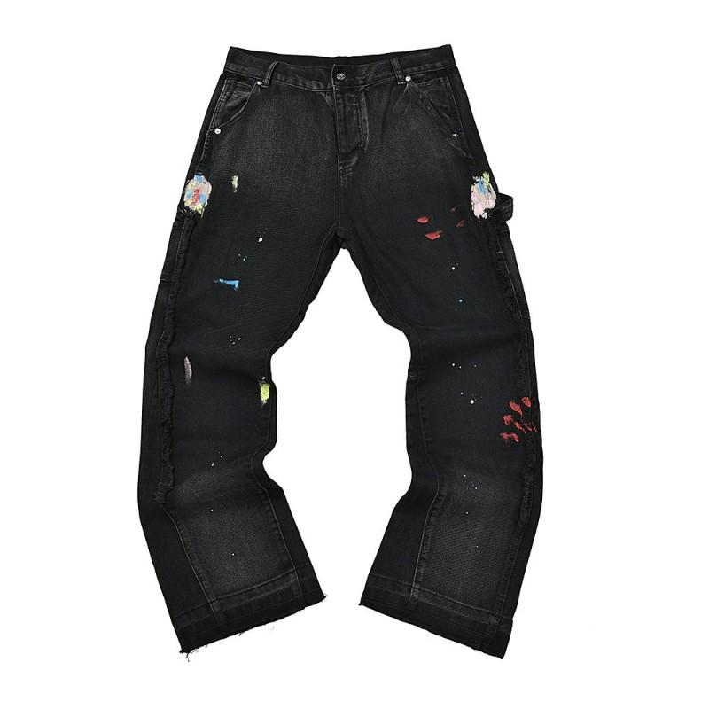 High-Quality Washed Denim Jeans Men Women Slim Flare Leg Black Blue Color Block Mid-Rise Cotton Blend