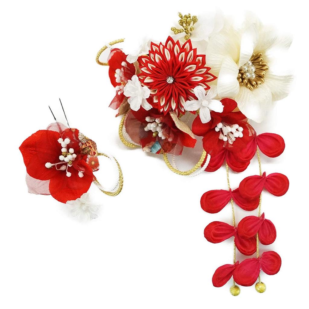 Hair Ornament 2 Piece Set Red Red White Flower Hairpin Crepe Tsumami Craft Comb Shape Furisode Coming of Age Ceremony Graduation Ceremony Wedding