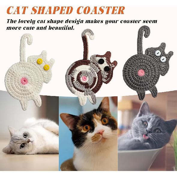 Cute Cat Cup Coasters, Gifts for Cats Lovers, Cat Coaster Woven Creative Knitted Coasters Funny Drink Insulation Coffee and Tea Coaster Table