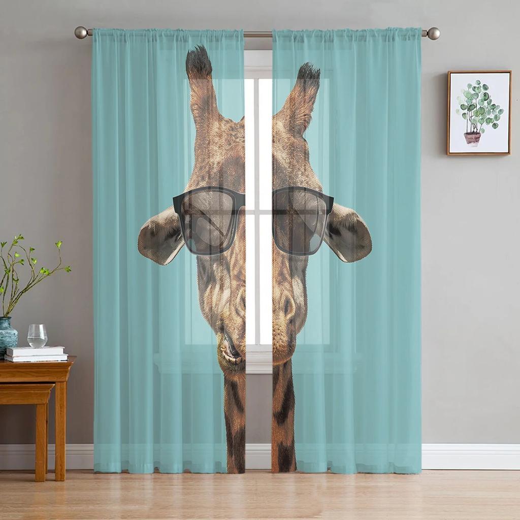 Giraffe Animal Oil Painting Tulle Curtains Balcony Room Fashion Printed Sheer Curtain Living Room Window Modern Decor