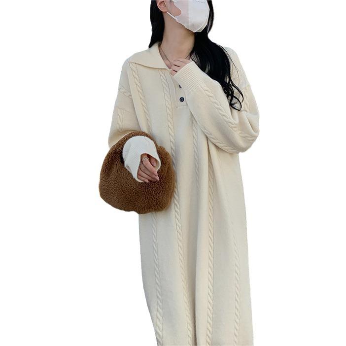 Осень и зима ретро свободный ленивый стиль вязаное платье женское однотонное средней длины свитер-юбка повседневное