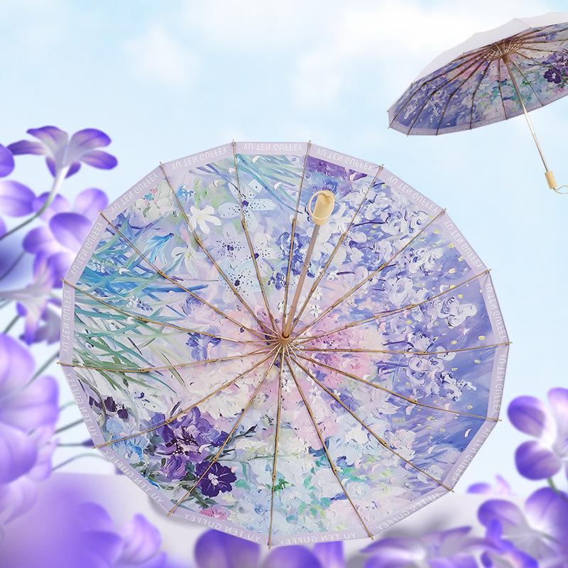 New Hot Sale 30% Off 16 Bone Oil Painting Parasol Solid Wood Handle Colored Glue Umbrella Umbrella