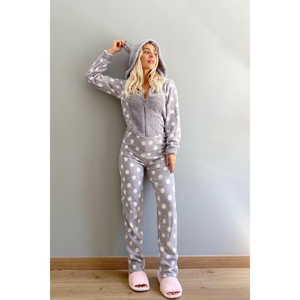 Серый женский флисовый плюшевый комбинезон с рисунком в горошек, пижама