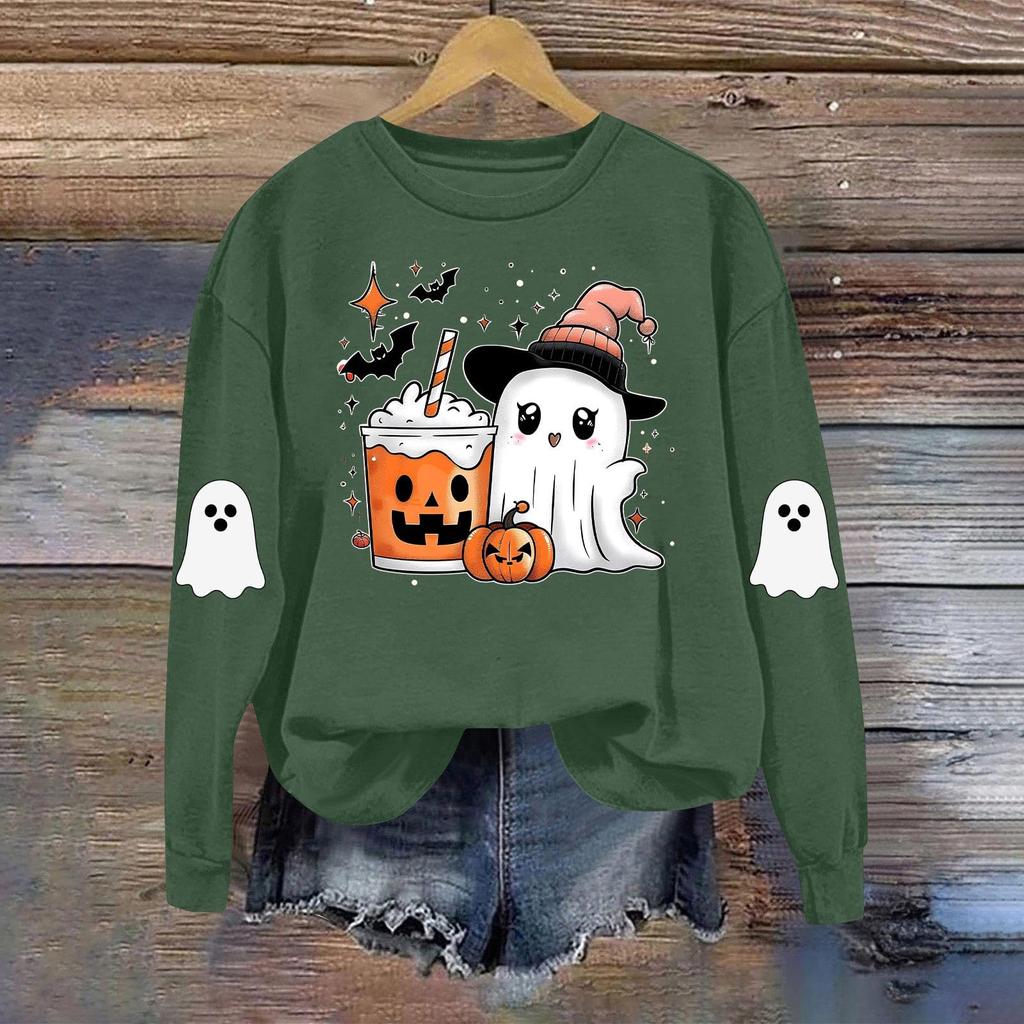 Женская модная повседневная толстовка с длинным рукавом и принтом на Хэллоуин, с круглым вырезом