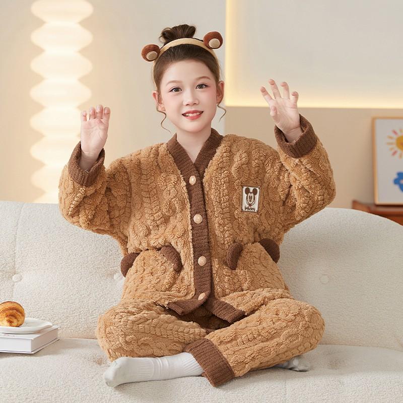 Girls Coral Fleece Pajama Set Long Sleeve Warm Thick Cozy Cartoon Print Home Wear Kids 8 Years