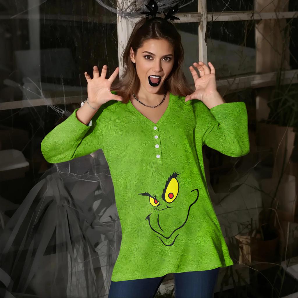 Женский повседневный модный сексуальный удобный топ с V-образным вырезом и принтом на Рождество, с рукавом три четверти на пуговицах