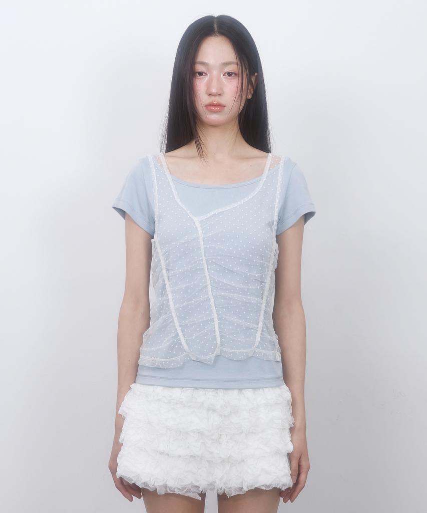 LMR Two-Way Lace Shirred Layered Short Sleeve T-Shirt Sky Blue / White