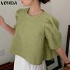 Women Summer Round Neck Puff Short Sleeve Blouses