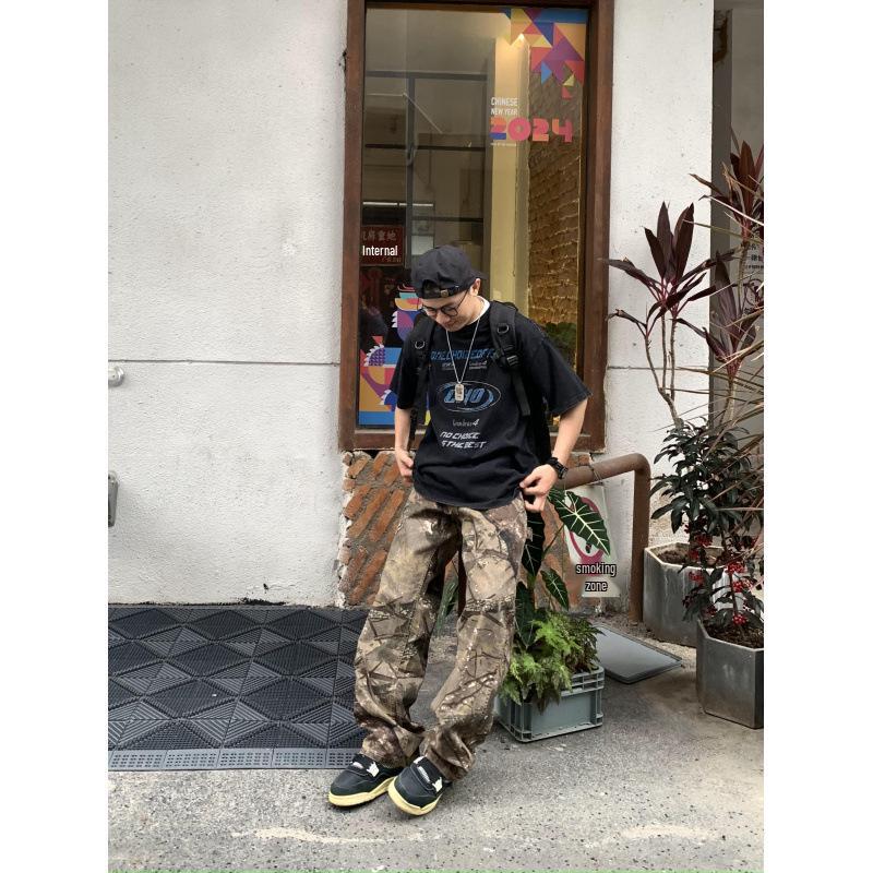 Унисекс Ретро Камуфляжные Потертые Рабочие Брюки - Прямые, Свободного Кроя, Повседневная Одежда для Отдыха на Природе