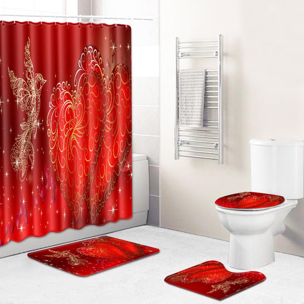 Valentine'S Day Toilet Shower Curtain Four-Piece Printed Floor Mat Set Bathroom Floor Mat Bedroom Absorbent Door Mat Carpet