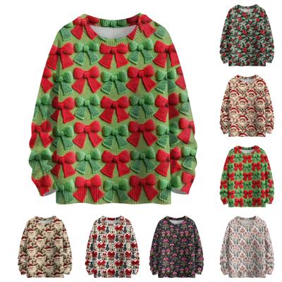 Женский модный повседневный трикотажный свитер с длинным рукавом и рождественским принтом, круглый вырез