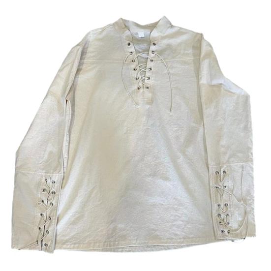 Мужчины Speing Top Воротник-стойка на шнуровке с V-образным вырезом и длинным рукавом Сплошной цвет Готический панк Пиратский стиль Свободный пуловер Мягкая дышащая мужская рубашка средней длины