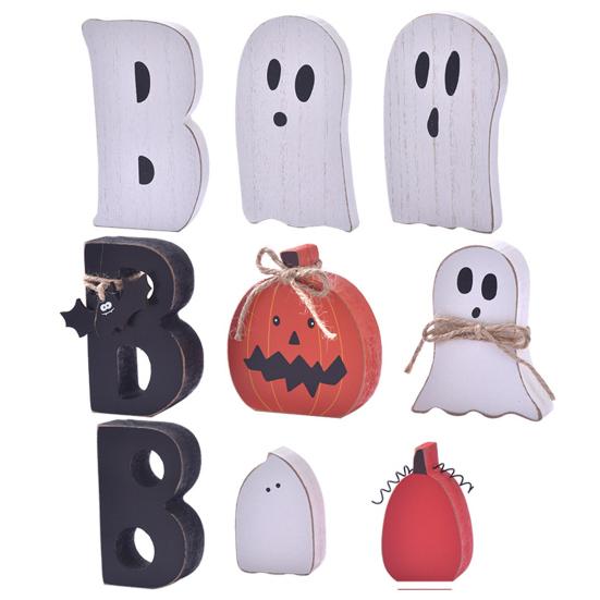 Halloween Tabletop Decor for Home 3 Pcs Indoor Table Decoration, Cute Ghost Wooden Sign with Jute Rope, Farmhouse Holiday Accents Rustic BOO