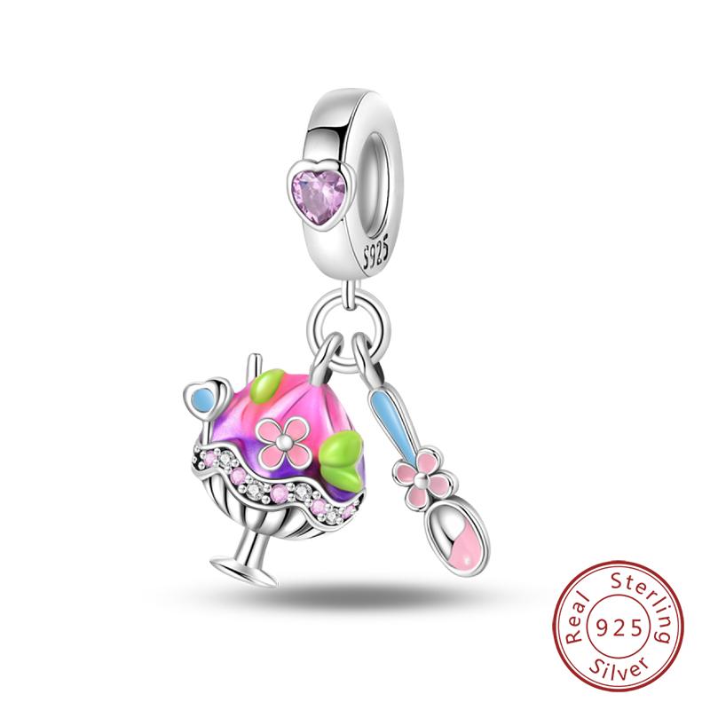 Серебро 925 Пробы Мишка Мягкая Конфета Кофе Клубничный Торт Послеобеденный Чай Шармы Бусины Подходят для Браслетов Qikaola DIY Украшения