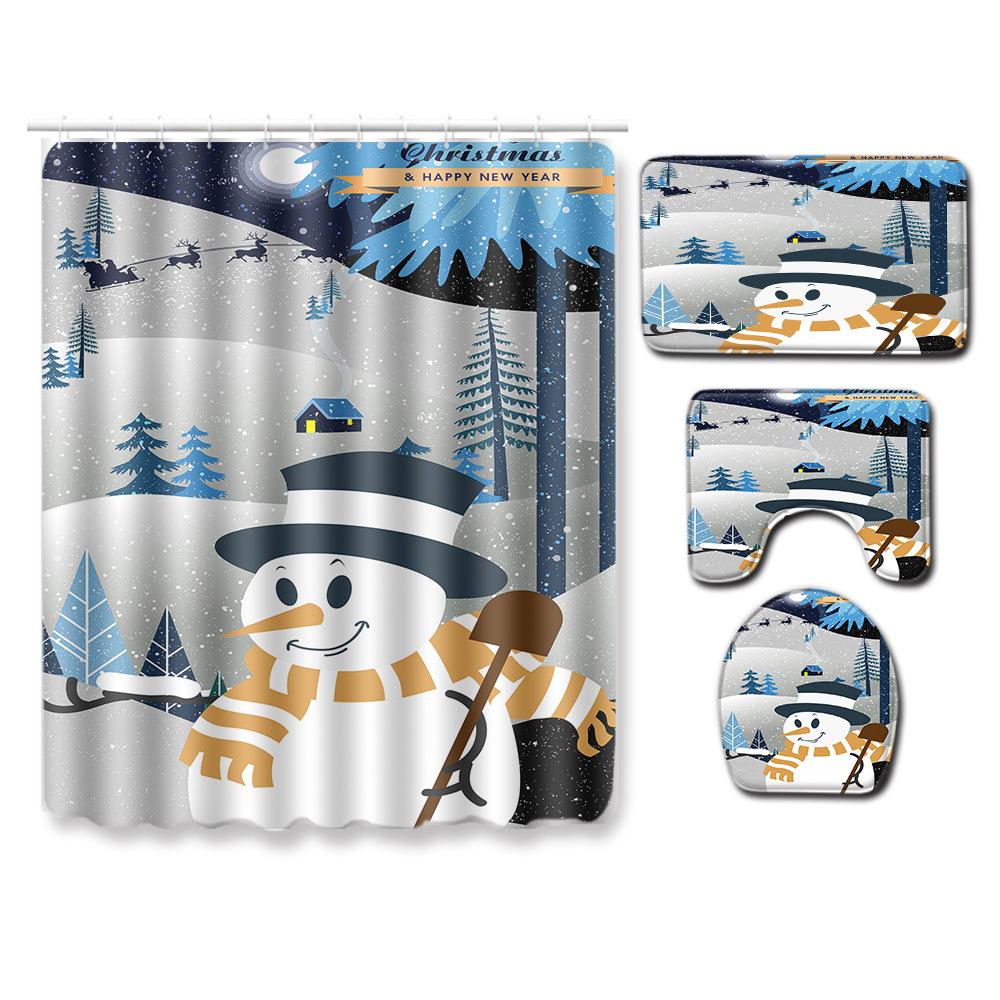 Christmas Waterproof Shower Curtain Four-Piece Floor Mat Combination Set Household Door Mat Bedroom Living Room Carpet