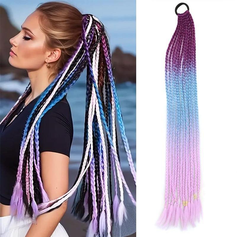 Косы-хвосты 24 дюйма Разноцветные Box Braids с резинками Синтетические накладки для волос для девочек Женские аксессуары День сумасшедших причесок