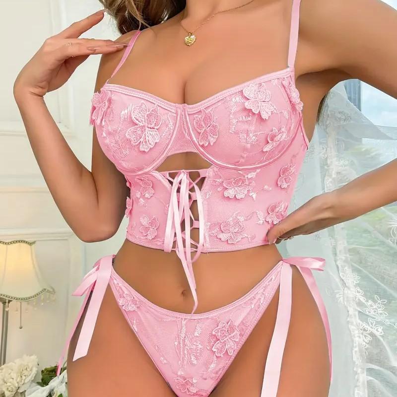Sexy Floral Embroidery Hollow Out Bra Lace Up Thong Flower Ribbon Erotica Set