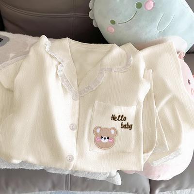 Повседневный женский пижамный комплект с кружевом на пуговицах и лацканами, дизайн пижамного комплекта, весенняя мода на открытом воздухе, милый медведь, домашняя одежда