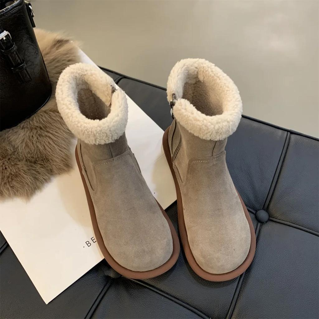 Suede Flat Women Snow Ankle Boots Designer Fur Short Plush Cotton Shoes 2025 Trend Warm Side Zipper Winter Snow Botas De Mujer