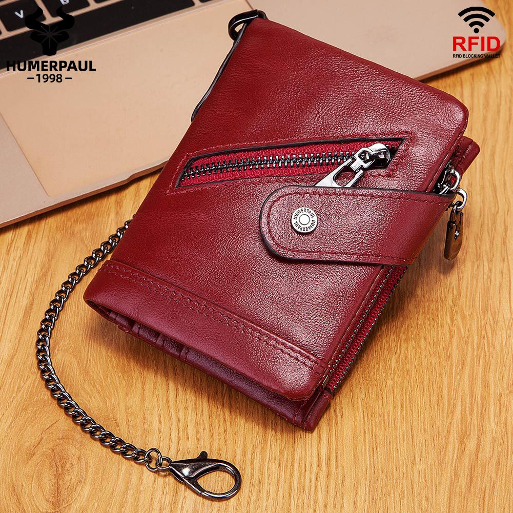 Humerpaul Fashion Women Wallets Genuine Leather Bi-fold Wallet Quality Designer RFID ID Card Holder With Coin Purse Chain Portfel Damski