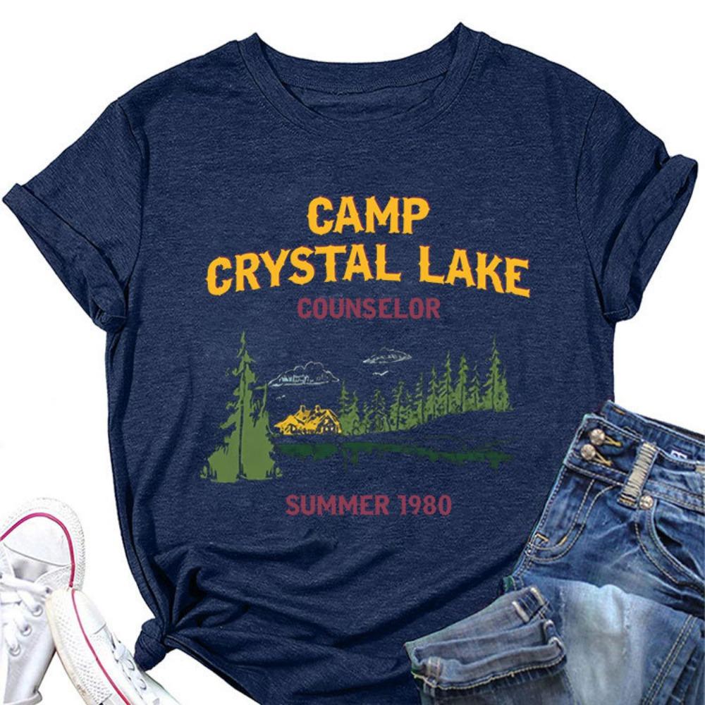 Летняя новая женская футболка с короткими рукавами, с принтом Camp Crystal Lake, свободный крой, круглый вырез, повседневный топ, сочетается со всей модной одеждой