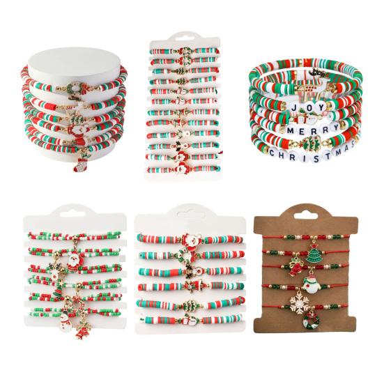 Рождественские браслеты из бусин ручной работы из полимерной глины, эластичные браслеты оптом, белые, красные, зеленые, дружба, праздничные украшения, подарок для женщин, девушек
