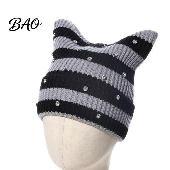 Knitted Winter Hat for Women Cat Ear Girls, Striped Slouchy Crochet Headgear Trendy Festival Fashion with Shiny Rhinestones, Cute Warm Cap Contrast