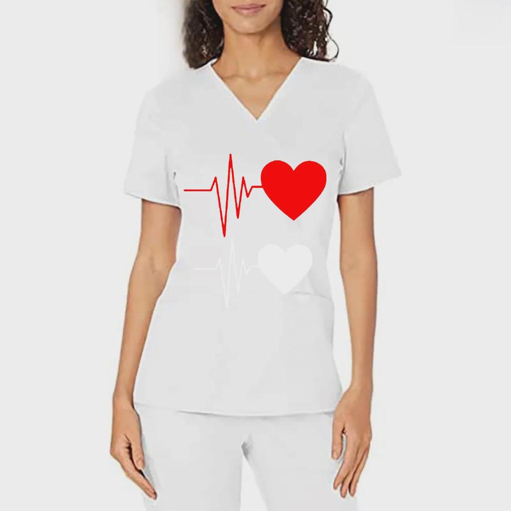 Униформа медсестры с принтом «Сердцебиение и любовь» в европейском и американском стиле, V-образный вырез, два кармана, футболка с коротким рукавом, большой размер