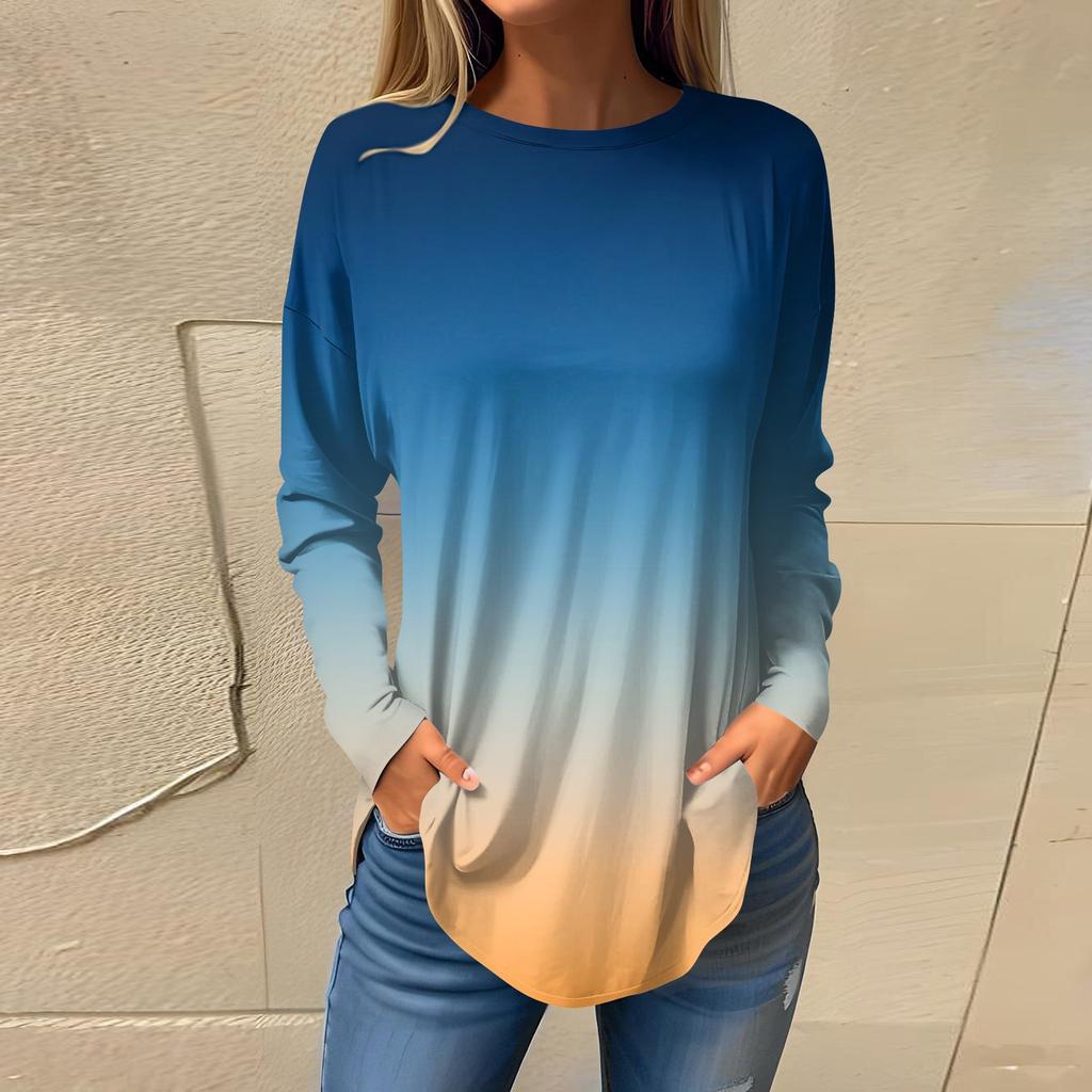 Футболки для женщин, осенние повседневные рубашки с длинными рукавами, толстовка с градиентным принтом, топ, пуловер