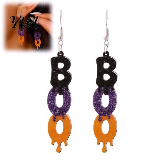 Fun Festive Party Accessories 1 Pair Glitter Halloween BOO Earrings, Sparkly Acrylic Black Purple Orange Holiday Statement Jewelry for Women