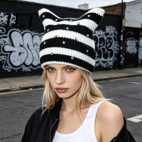 Warm Winter Gift for Her Cat Ear Hat Women Girls, Striped Slouchy Crochet Headgear Retro Style with Shiny Rhinestones, Cute Knitted Cap Fashionable