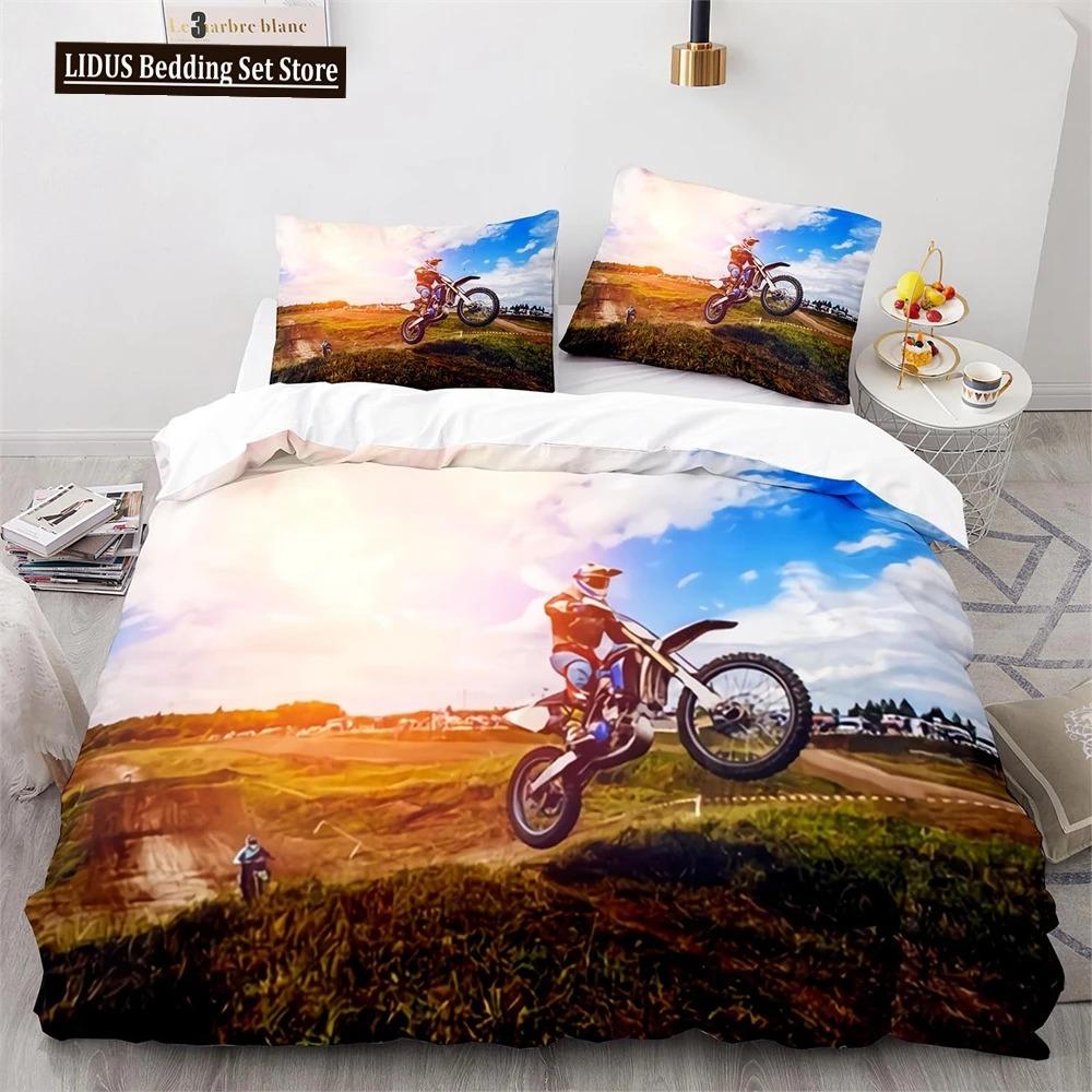 Dirt Bike Duvet Cover Set Motocross Rider Comforter Cover Motorcycle Extreme Sport Game Polyester Bedding Set For Kid Boys Teens