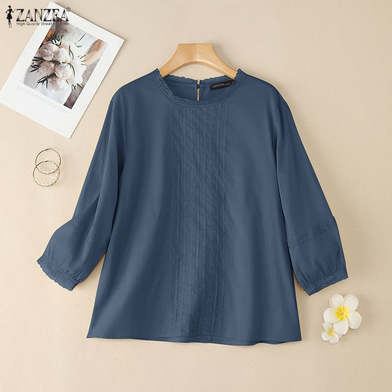 ZANZEA Женская повседневная блузка из хлопка с круглым вырезом и рукавом 3/4