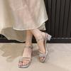 One Word with Crystal Thick Heel Women's Sandals 2025 New Fashion Bow Fairy Style Beautiful Open Toe Simple